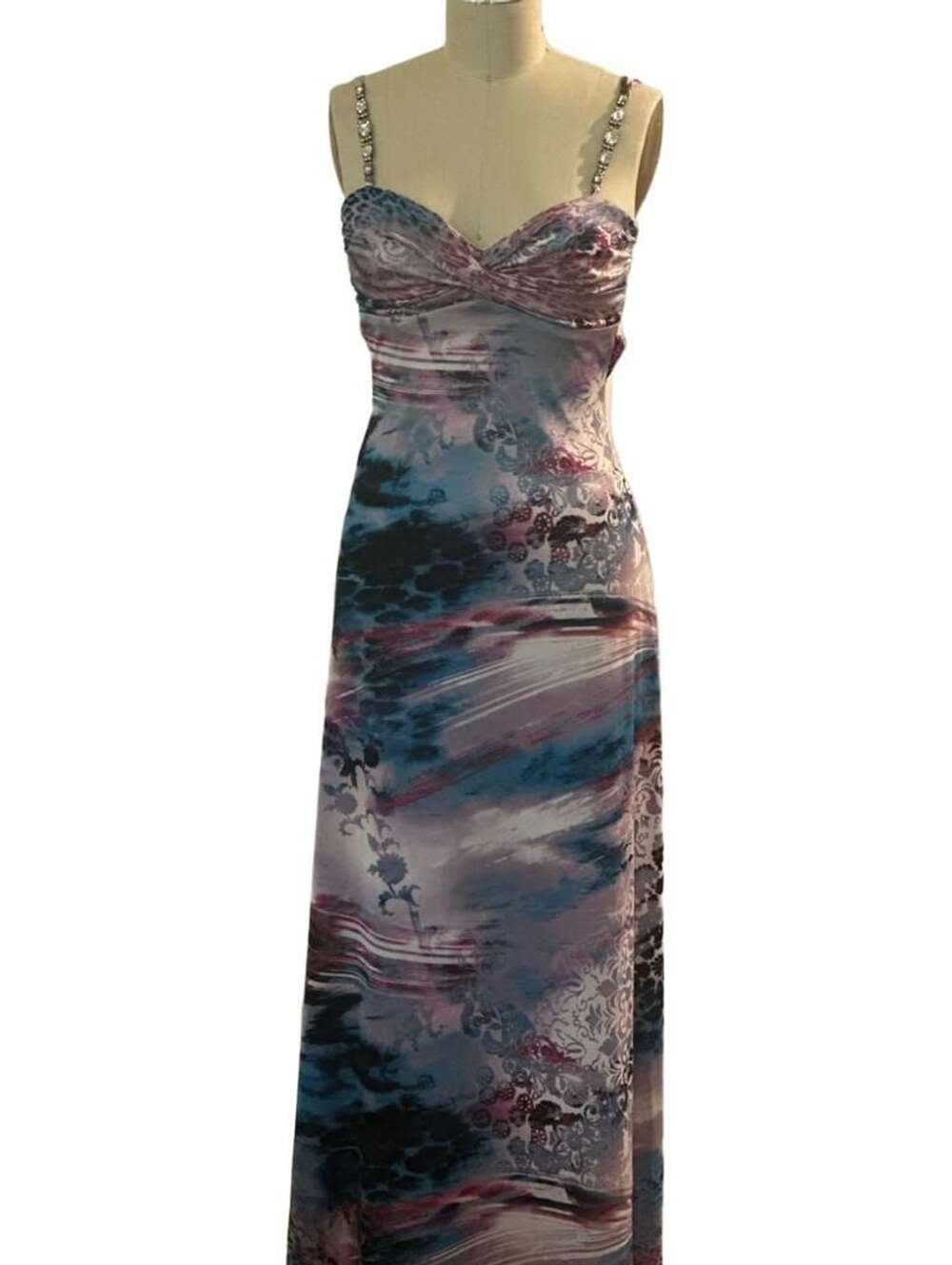 Vintage 90s Y2K B.Darlin Rhinestone Strap Abstract Floral Animal Print Maxi Prom